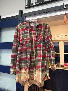 Distressed Red & Green Plaid Flannel Shirt Jacket